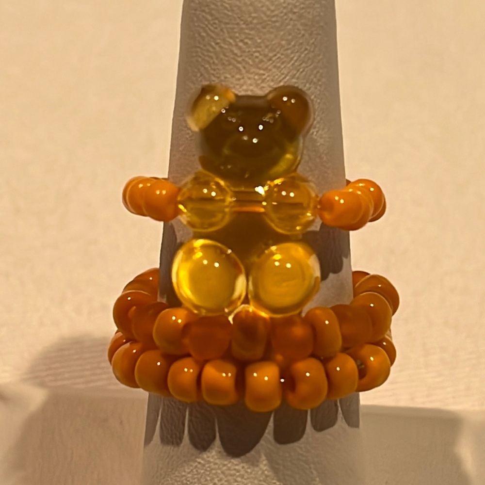 Handmade Orange Beaded Gummy Bear Ring Set, Stretchy